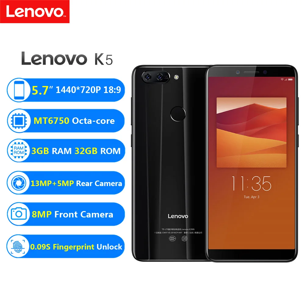 

Lenovo K5 4G Mobile Phone 5.7-inch HD+ 18:9 Display MT6750 8-core 3GB 32GB 3000mAh 13MP+5MP Rear Cames 8MP Front Cam Fingerprint