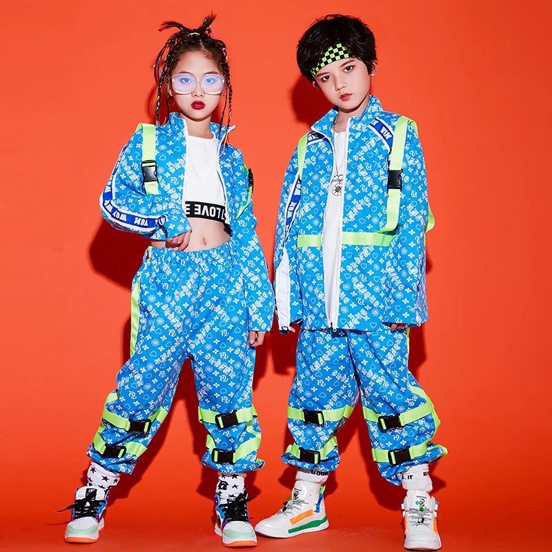 Girl Dance Costume Children Costumes Kids Hip hop Costume Girls Jazz Dance Tops Pants Blue Set Loose Street Dance Clothing For Boys Show Stage Outfit Wear BL5128