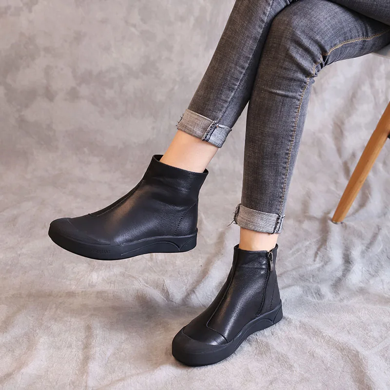 

Autumn Winter Genuine Leather Flat Ankle Boots For Women Warm Boots Side Zipper Soft Comfortable Cow Leather Botas