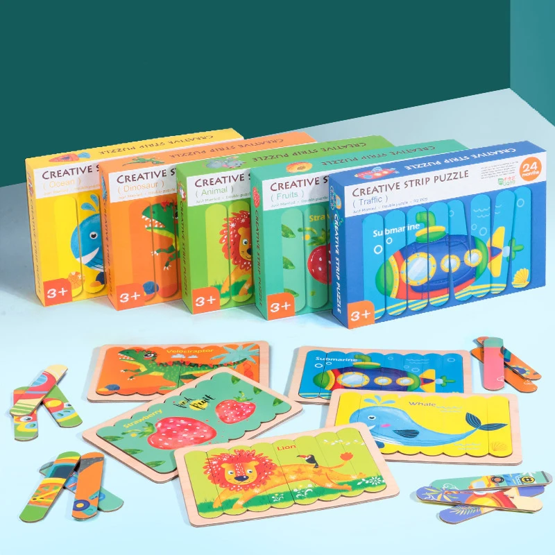 Kawaii Creative Strip Puzzles Baby Toy Montessori Materials Wooden Educational Toys For Children Pattern Bricks Learning | Игрушки и