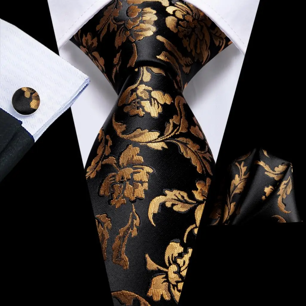 

Business Floral Gold Black Silk Wedding Tie For Men Handky Cufflink Mens Necktie Fashion Designer Party Dropshipping Hi-Tie