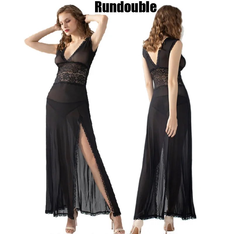

Sexy Side Cardigan Nightdress Transparent Tulle Black French Lace Seductive Slit Pajamas for Women Comfortable Nightclub Outfit