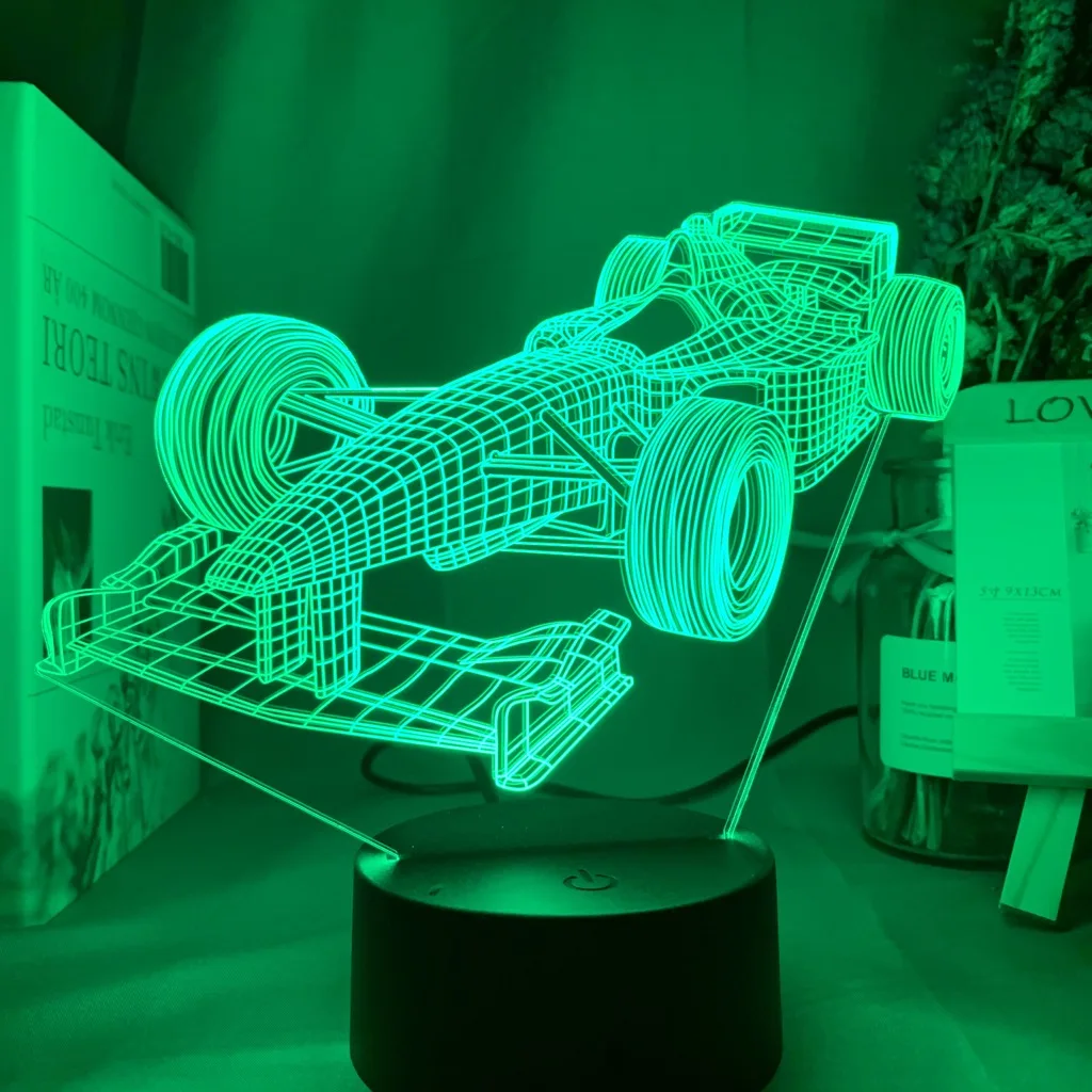 F1 포뮬러 1 레이싱 카 3d 환상 Led 야간 조명 어린이 침실 장식 야간 조명 어린이 방 책상 램프를위한 독특한 선물