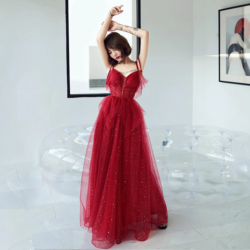 He's Bride Simple Blingbling Evening Dress for Women Red Strapless Formal Prom Gown Elegant Banquets Dress Party Robe De Soiree