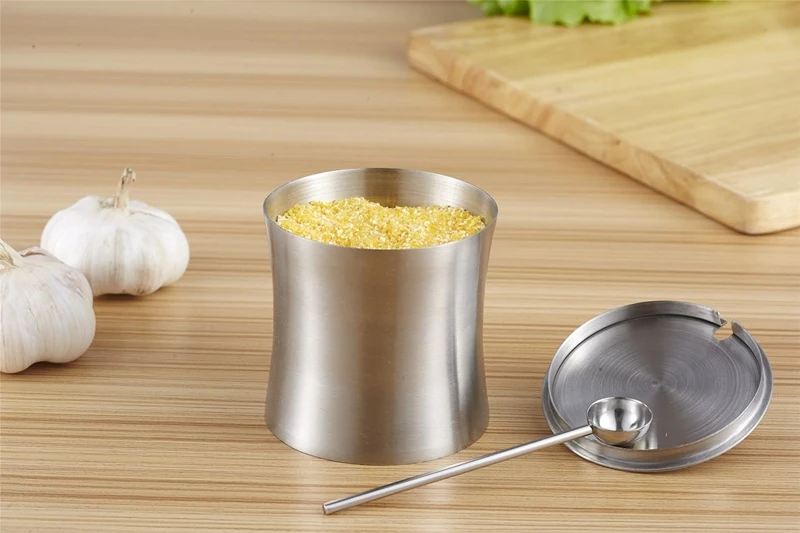 Sanded Seasoning Jar Stainless Steel Condiment Pot Spice Salt Sugar Pepper Storage Container with Cover and Spoon Kitchen Gadget