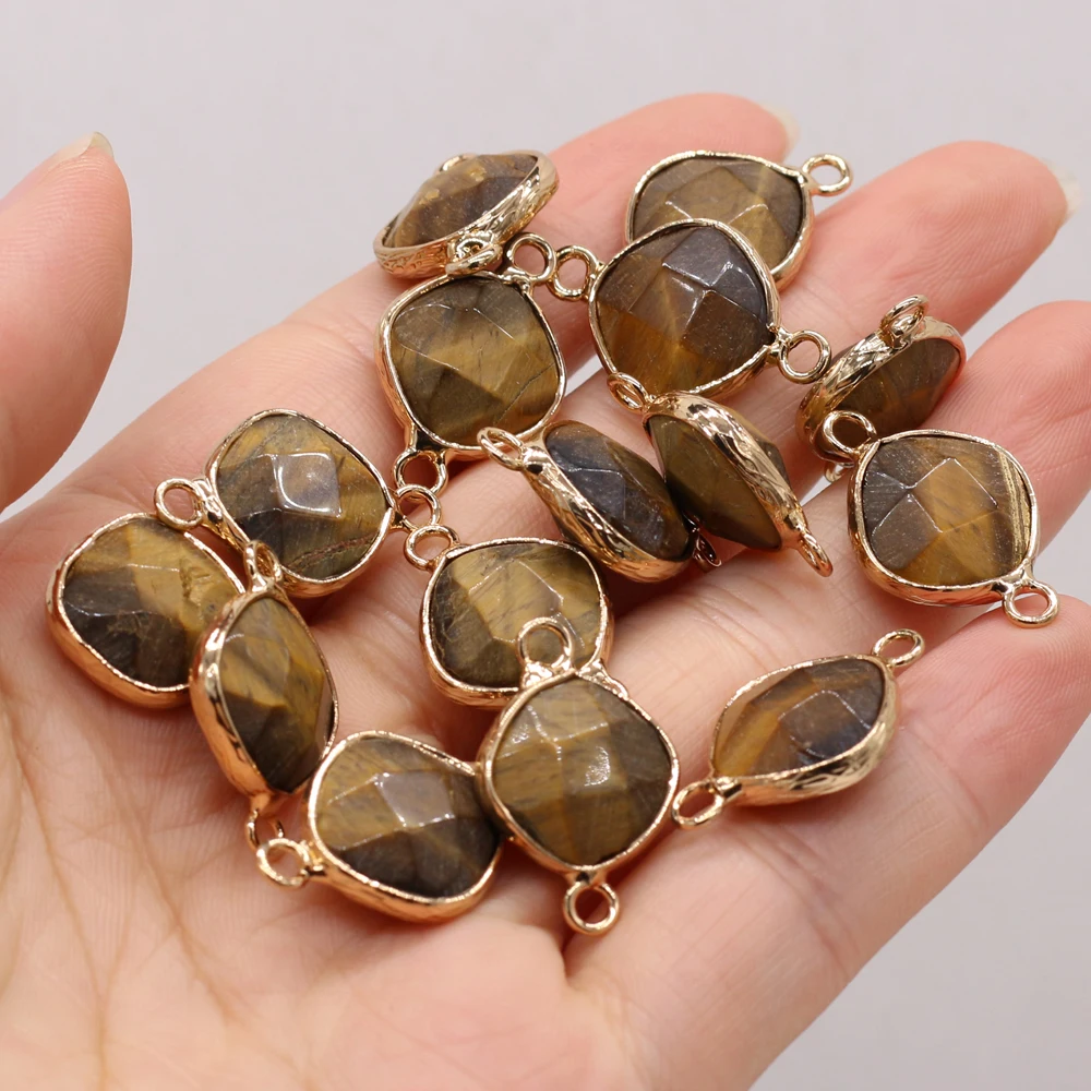 Natural Tiger Eye Stone Pendant Connector Charms Rhombus Gilt Edge for Making DIY Bracelet Accessories 15x23mm | Украшения и
