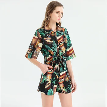 

MilNew Fashion High Quality Spring Summer 2020 Party Casual Sexy Shirt Top Pencil Shorts Vintage Elegant Chic Print Women'S Sets