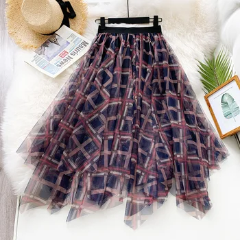 

2020 Asymmetrical Skirt for Women Lace Spring Summer Long Plaid Skirt Vintage Ladies Rose Khaki irregular Mesh Tulle Skirts