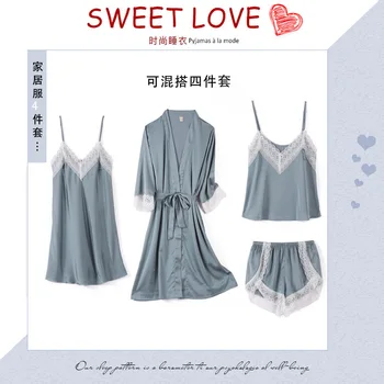 

Spring and Summer New Sexy Sling Nightgown Strap Shorts Two Piece Suit Pajamas Four-Piece Satin Leisure Tops