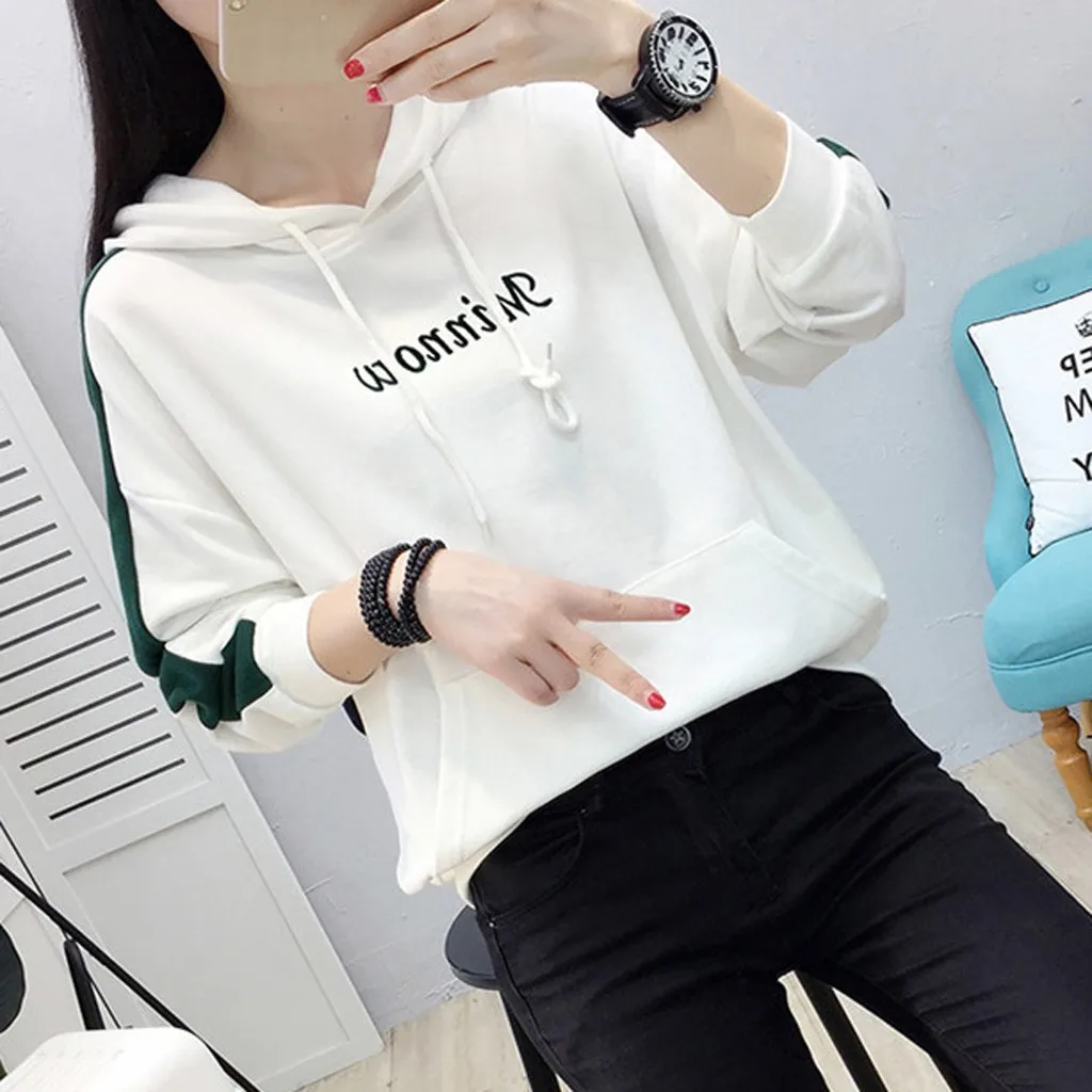 Женский модный топ с длинным рукавом, толстовка с карманом, Синяя Женская толстовка с надписью, блузка, свитшоты, Женская Осенняя спортивная одежда с капюшоном