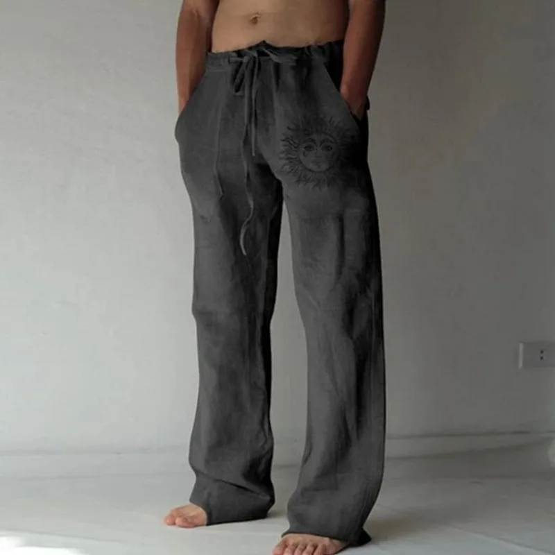 Men's Casual Pants sweatpants Sun Flower Print Full Length Pants Pocket Drawstring Linen Trousers Men fashionable wide leg pants,linen pants,wide leg pants,fashion pants