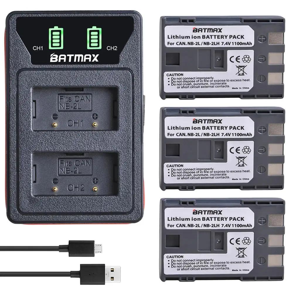 

3Pcs NB 2LH NB-2L BP-2L5 Battery + LED Built-in USB Dual Charger for Canon Rebel XT XTi EOS 350D PowerShot S50 G9 EOS 350D 400D