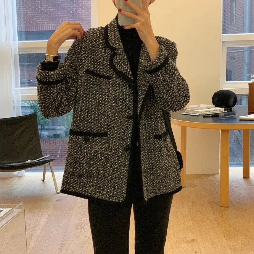 HziriP New Women Jacket Outerwear Winter Clothing Fashion Warm Wool Blends Female Elegant Tweed Faux Woolen Coat Female