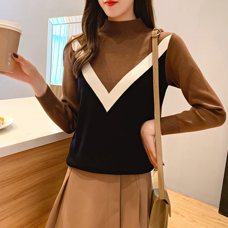 coffee color 1 Neploe свитер женский Половина Водолазка длинный рукав контрастный цвет пуловеры Джемперы повседневные свободные корейские модные новые Топы 90858 - Цвет: coffee color 1