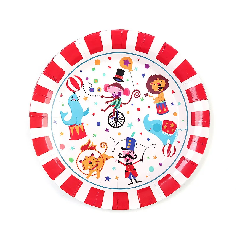 9 inch plate 6 Pcs Цирковая тематика, украшения для дня рождения, одноразовая посуда, бумажные стаканчики и тарелки, скатерть, соломинки, цирковые принадлежности для дня рождения - Цвет: 9 inch plate 6 Pcs