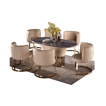 Juego de mesa de comedor de acero inoxidable con 6 sillas, asientos de comedor, muebles de madera, 6 sillas