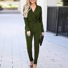 Casual Women Jumpsuit Fashion Solid Color Pocket Lace Up V Neck Long Sleeve Rompers Winter Spring monos de fiesta 2020 New Hot E