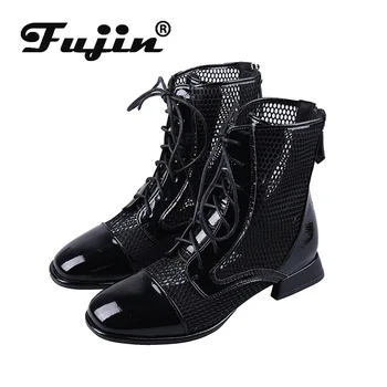 

Fujin Boots Women's 2020 Spring Fashion Front Lace Up Back Zipper Hollow All Match Short Boots Square Heel Breathable Sandals