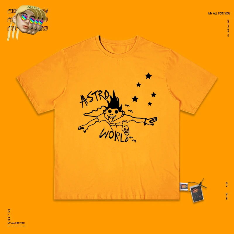 yellow Складка Широкие штаны настоящая футболка Трэвиса Скотта каракули короткий рукав женщина Рука Ветер вниз одежда быть отсутствующим - Цвет: yellow