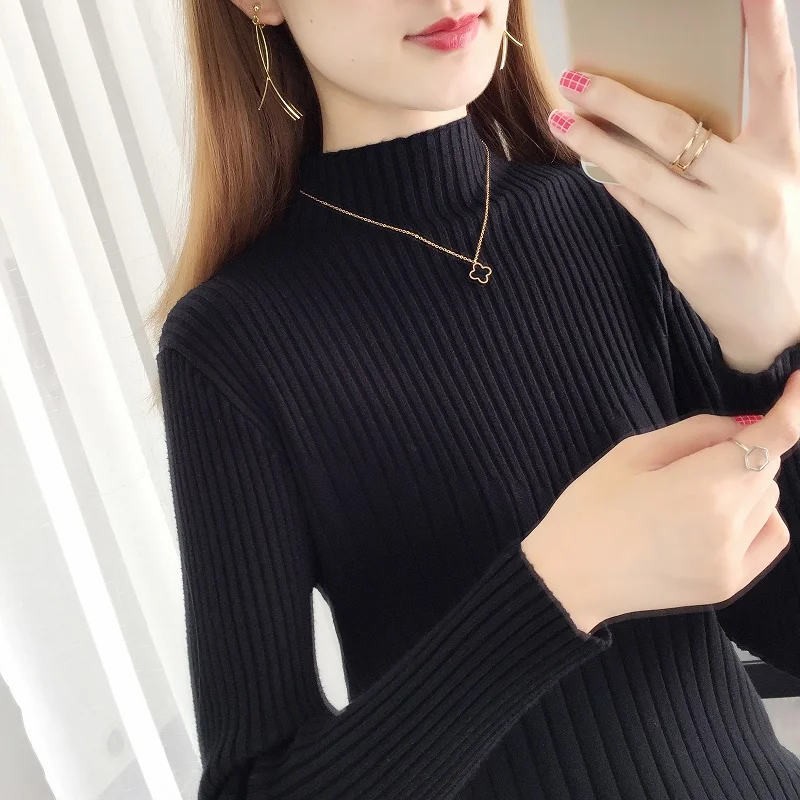 Ohclothingновый стиль зарубежного стиля, вязаная рубашка на подкладке на осень и зиму, приталенный пуловер, корейский топ с длинными рукавами - Цвет: black