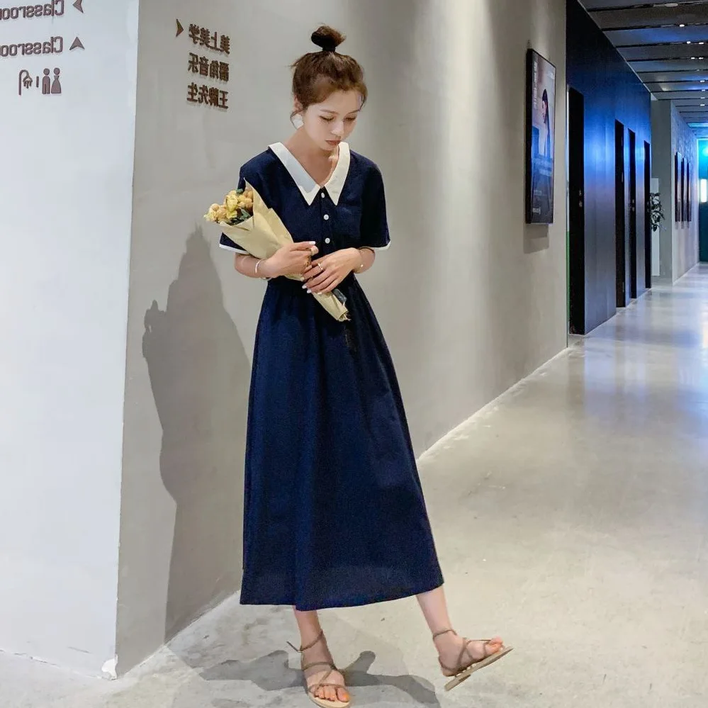 

Photo Shoot Debutante IFASHION Elegant French Contrast Color Peter Pan Collar Waist Hugging Single Breasted Big Hemline Dark Blu