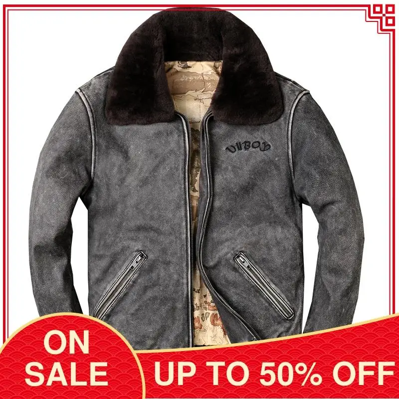 

2020 Vintage Grey Military Style Genuine Leather Jacket Wool Collar Plus Size 4XL Real Natural Cowhide Winter Aviator Coat