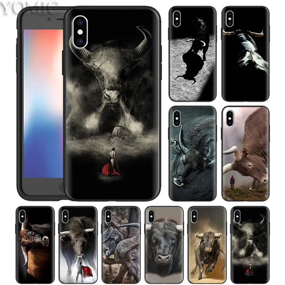 

Bullfight Angry cattle Case for iPhone XS Max XR X 7 8 6 6S Plus 5S 5 SE 6+ 6S+ 7+ 8+ Black Silicone Fall Phone Cover Shell Caso