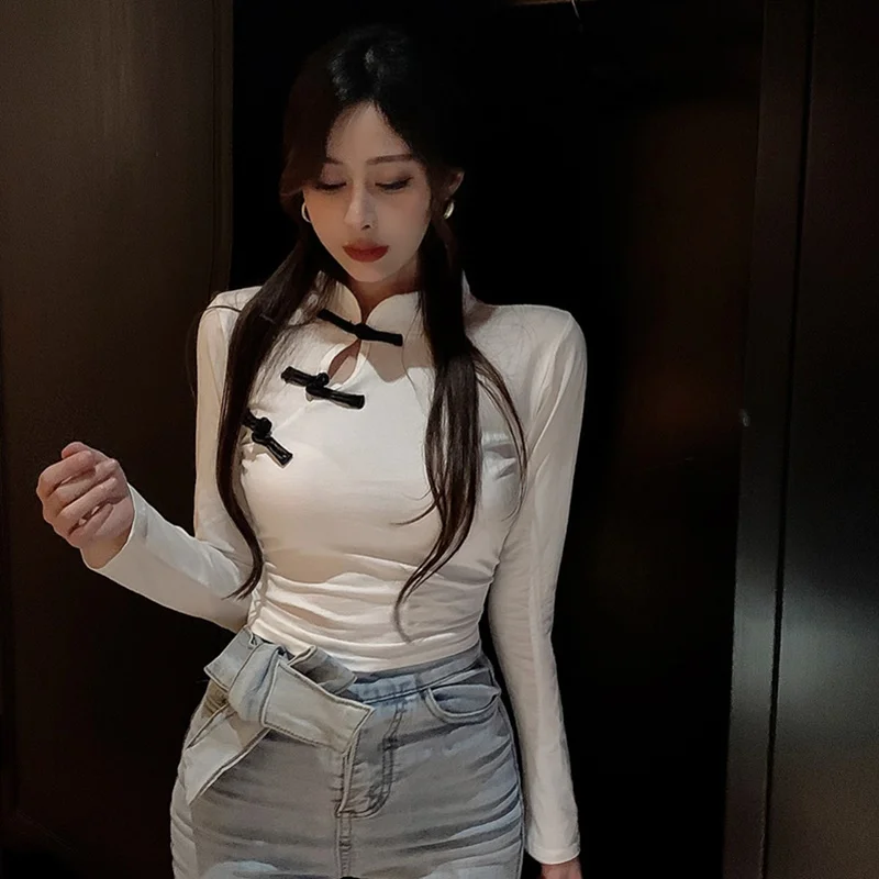 Black Sexy Asian Clothes Oriental Chinese T Shirt Long Sleeve Asian Streetwear Cheongsam Top Chinese Style Clothing Women women chinese shirt