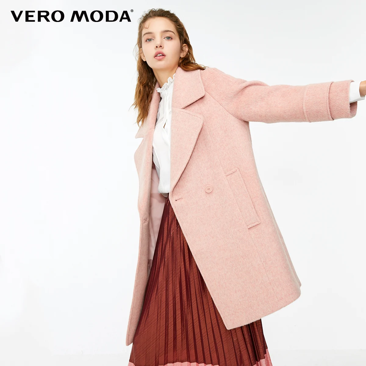 Vero Moda женское длинное шерстяное пальто с отворотом и открытыми плечами | 318327518 - Цвет: Silky pink mel.