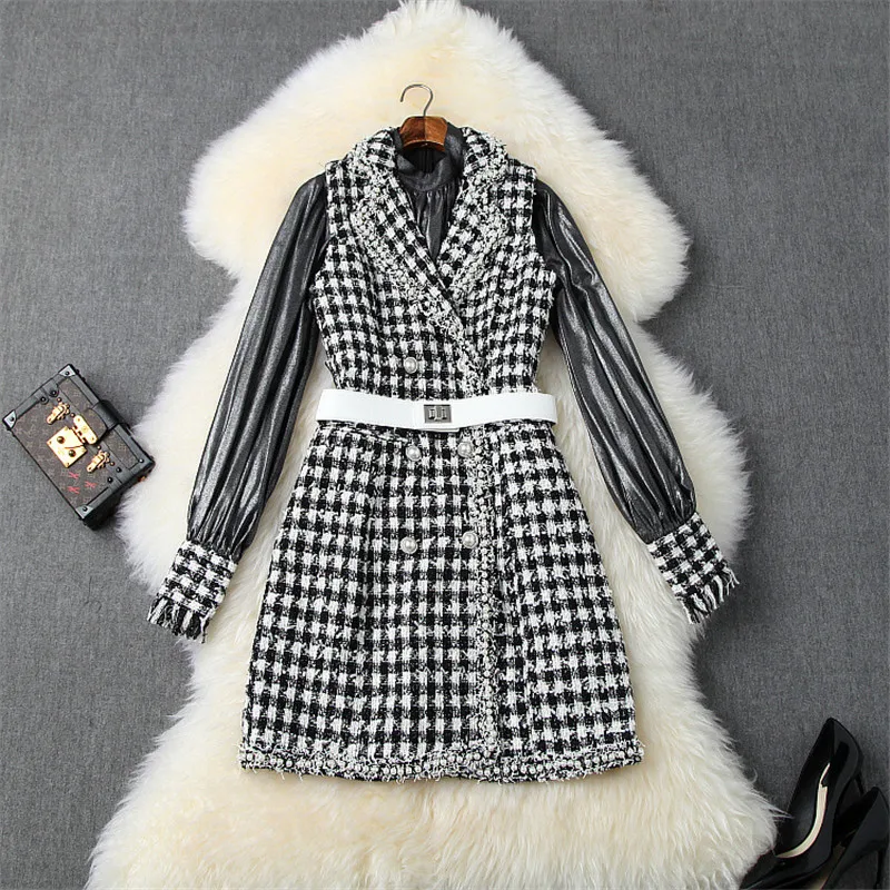 

2019 New Runway Designers Autumn Winter Dress Women Elegant Long Sleeve Shirt+Pearls Plaid Tweed Woolen Dress 2piece Set