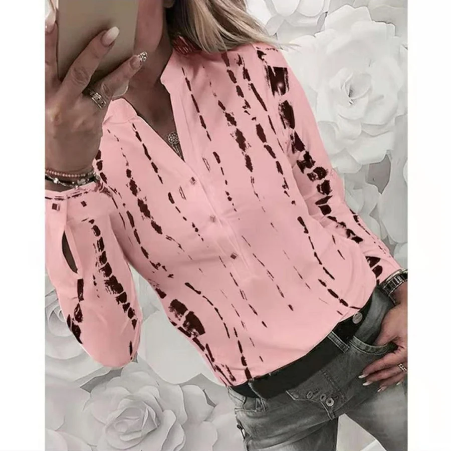 Pink ELSVIOS, повседневная, с рисунком, квадратная, рабочая блуза для женщин,, осень, длинный рукав, облегающий крой, топы, сексуальные, v-образный вырез, на пуговицах, размера плюс, рубашка - Цвет: Pink