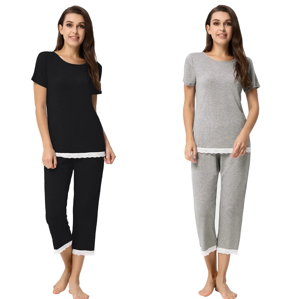 Women's 2pcs Set Comfy Modal Sleepwear Short Sleeve Tops+Cropped Pants summer comfortable stretch nightwear ladies Pajama sets