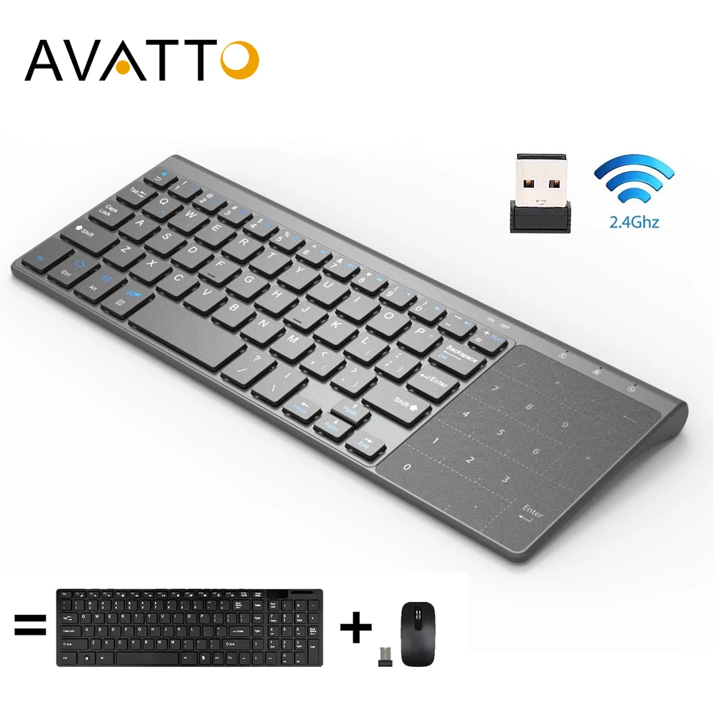 AVATTO Ультратонкий 2,4 ГГц, беспроводной, мультимедиа мини-клавиатура с цифровой клавиатурой, сенсорная панель для мыши для Windows, Android, iOS, ПК-ноутбука