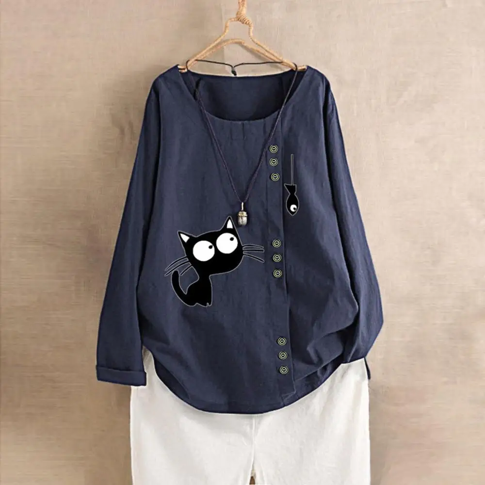 

YOUYEDIAN Women Large Size Linen Blouse 2019 Casual Plus Size Print Cat Long Sleeve Button Tunic shirt blusas mujer de moda 2019
