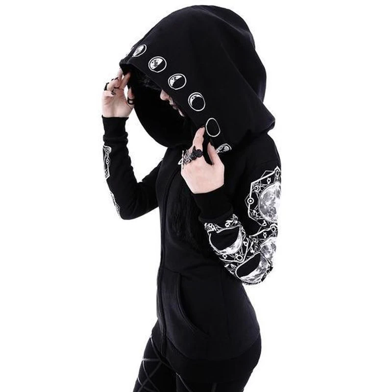 Women Gothic Lunar Moon Phase Hoodie Sweatshirt Magic Witch Wizard Cosplay Jacket Coat Drop Ship Punk Female Dark Sweatshirt