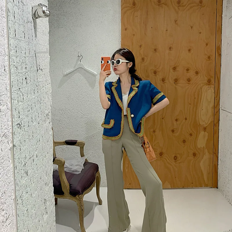

Online Celebrity-Contrast Color Fashionable Fine Loose Retro Small Fragrant Short Jacket Women's Summer 2019 New Style Short Sle