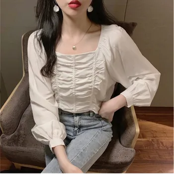 

2020 Spring New Blouses Women Tops Korean Japanese Fashion plus size Draped White Short Off Shoulder Shirt Female блузка женская