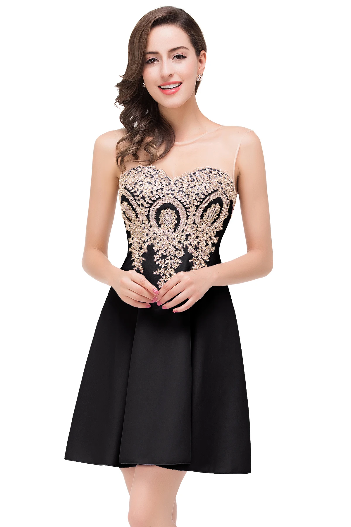 Robe de soiree вечернее платье элегантное короткое вечернее платье трапециевидной формы аппликация без рукавов вечернее платье Быстрая отправка - Цвет: Black
