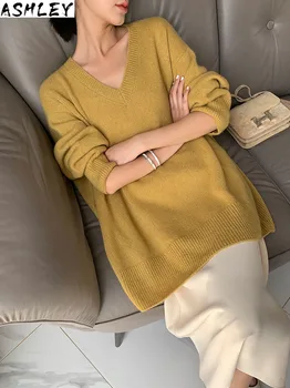 

women cashmere sweater sweaters and pullovers long sleeve V-neck loose female pullover women knitted jumpers pull femme