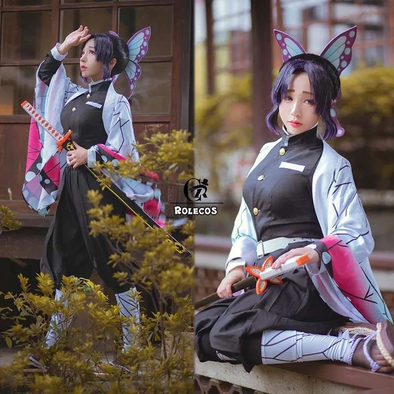 ROLECOS аниме демон Slayer Косплей Костюм Kochou Shinobu Kimetsu no Yaiba Хэллоуин женское кимоно