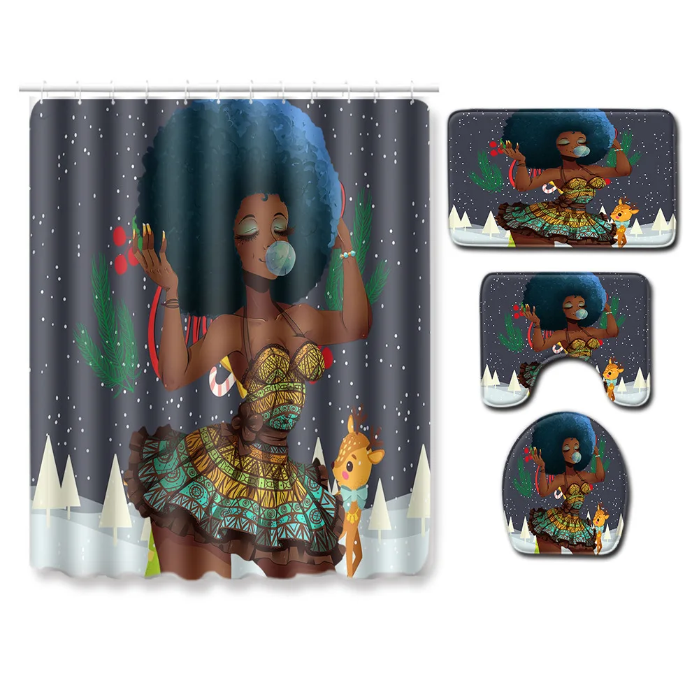 Christmas Series African Woman Pattern Shower Curtain and Bath Mat Set Waterproof Polyester Shower Curtain for Bathroom Shower