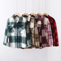 Vintage à moda bolsos oversized xadrez casaco jaqueta feminina moda lapela gola manga longa solta outerwear chic topos