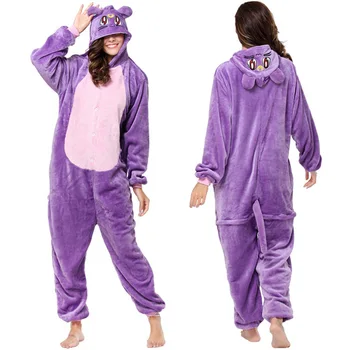 

Unisex purple cat cartoon onesies for adults pajamas autumn and winter cute couple animals pijamas women sexy onsie women sleep