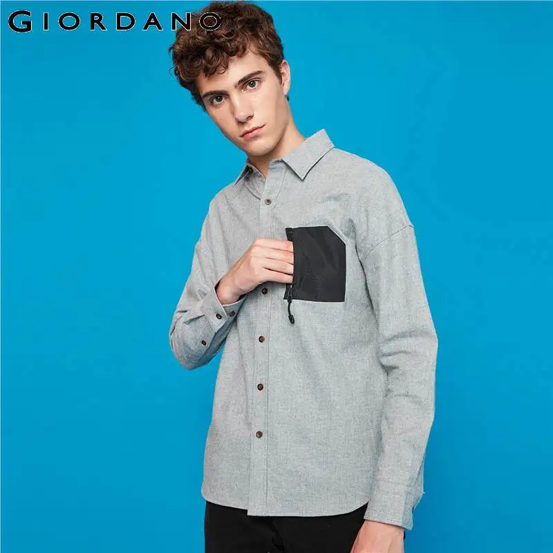Giordano мужские рубашки фланелевые накладные карманы на молнии с длинным рукавом рубашки мужские хлопковые слегка толстые Camisa Masculina 13049802