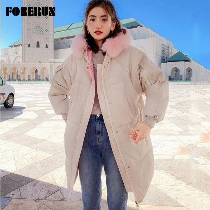 FORERUN куртка-пузырь Женское зимнее длинное пальто с меховым капюшоном с буквенным принтом парки плотные теплые куртки Повседневная зимняя верхняя одежда Chaqueta Mujer