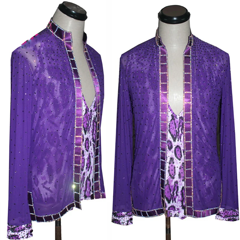 

Latin Dance Shirts Male Shiny Rhinestone Net Leopard Print 2 Pieces Set Competition Tango Salsa Chacha Samba Show Wear DNV12070