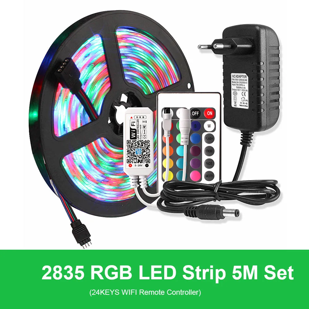 24keys Wifi Control 2835 Светодиодная лента Водонепроницаемая 5 м лента RGB Гибкая неоновая Диодная Tira светодиодный светильник полоса 220 В до 12 В адаптер Bluetooth/17 ключ дистанционного управления - Испускаемый цвет: 24keys Wifi Control