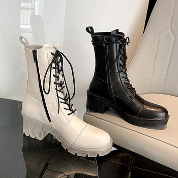 

Party Working Winter Shoes Platform Women Ankle Bots Genuine Leather Platform Newest Chunky Heels Shoes Woman