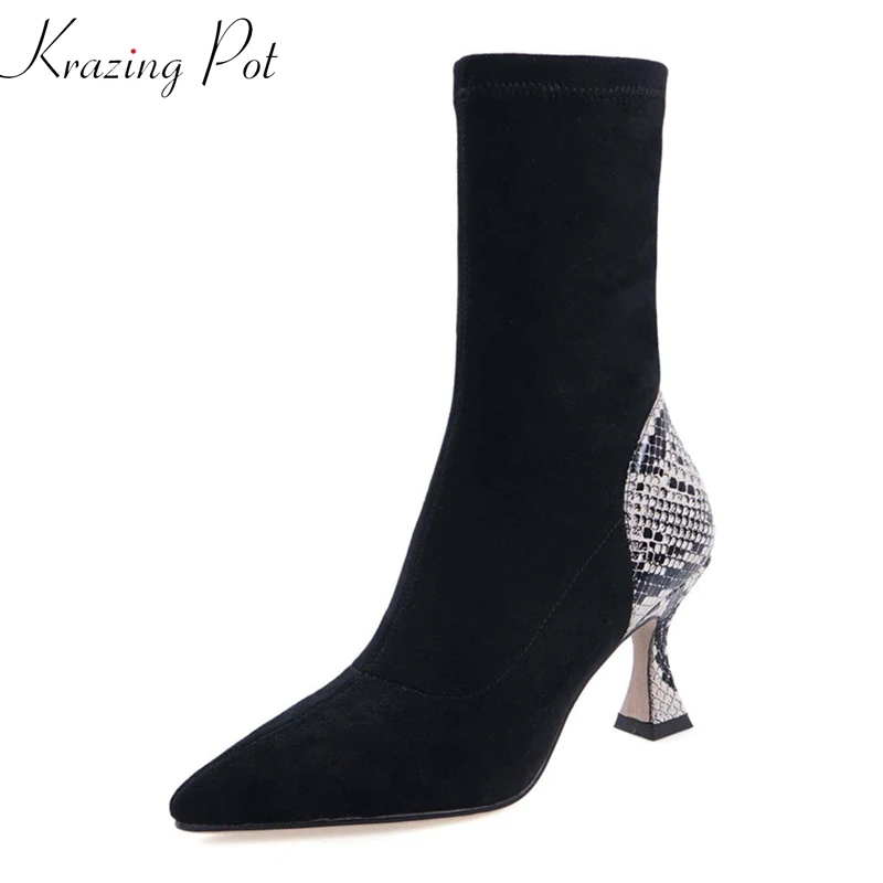 

krazing pot mixed colors snake stretch flock boots European style pointed toe high heels winter women zipper mid-calf boots L15
