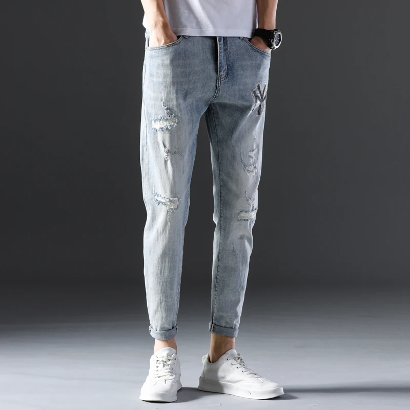 60% OFF New Fashion Men's Casual Thin And Lightweight Skinny Jeans Trousers Korean street style Tight Pants Solid Colors Ankle pants blu